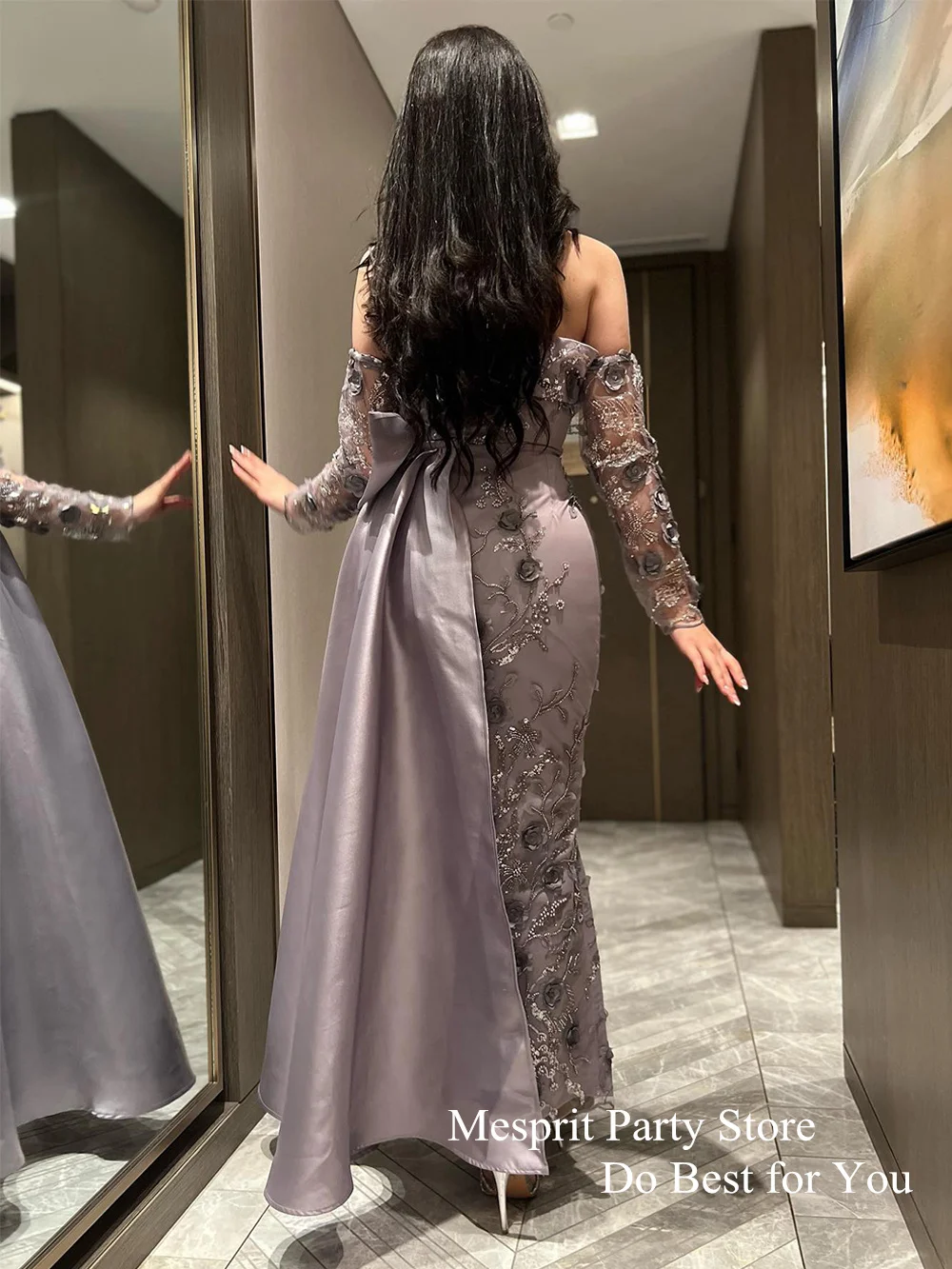 Prom Dress Sexy Strapless Detachable Long Sleeves Lace Flowers Satin Party Gown Trumpet Saudi Evening Dresses 2024 Custom Size