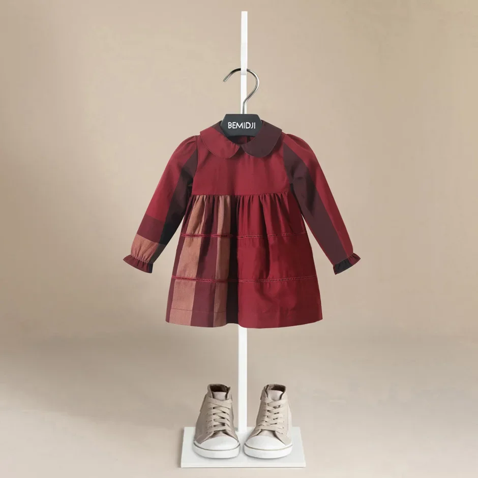 Luxury Girls Long Sleeve Plaid Dress Girls Autumn New Style Turndown Striped Sleeve Cotton Dress kids dresses for girls