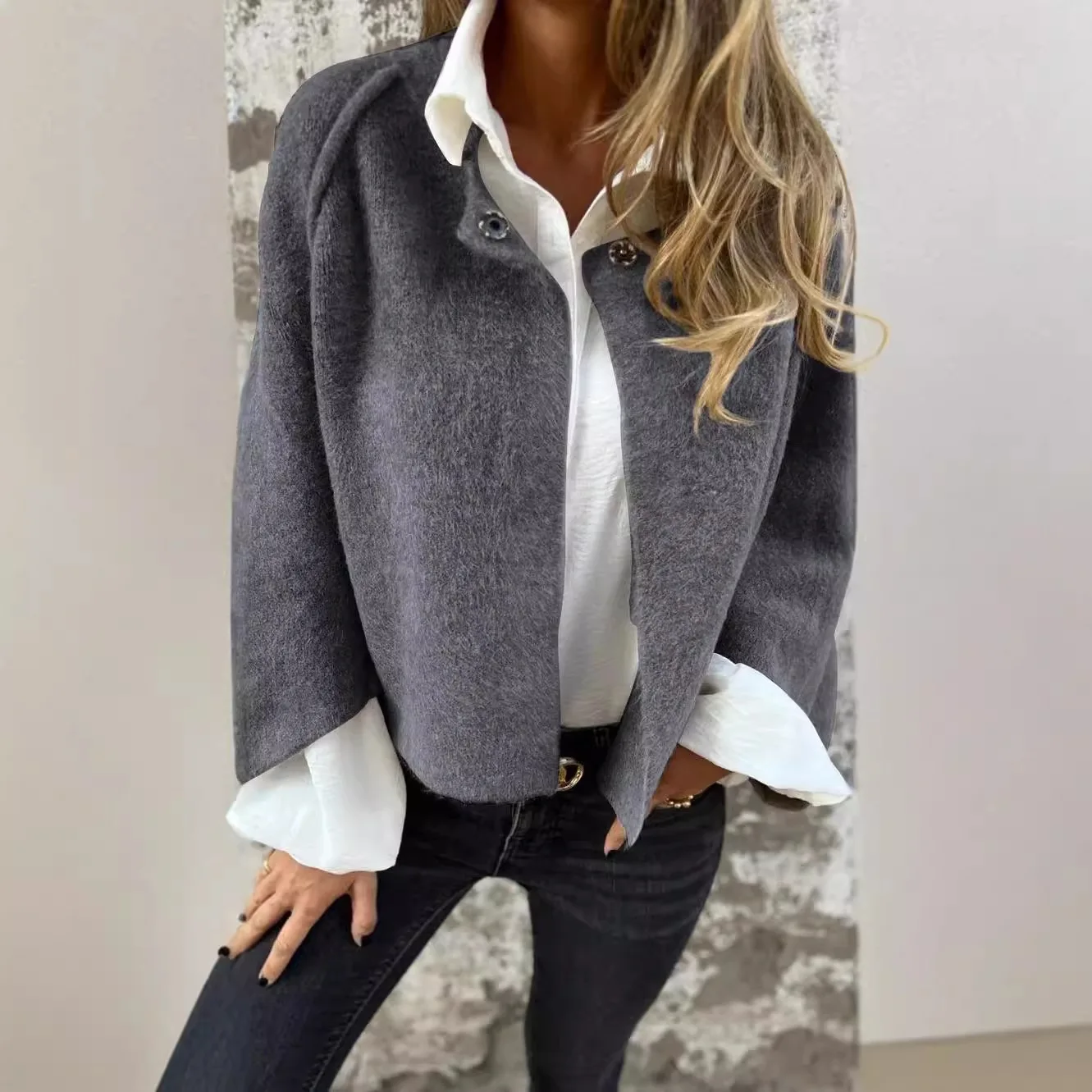 Chaqueta de felpa con cuello redondo para mujer, abrigo cálido, holgado, informal, de manga larga, a la moda, para Otoño e Invierno