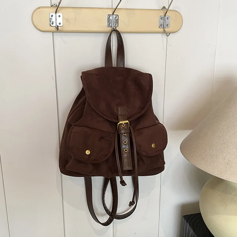 Korean Fashion Suede Backpack Women Autumn New Large Capacity Brown Retro Backpack Travel Bag Single Shoulder Crossbody Bag