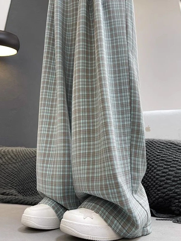 

Comfortable Lazy Style Slimming Plaid Wide Leg Pants Women's High Waist Long Pants Summer Thin Material Straight Cut Pants