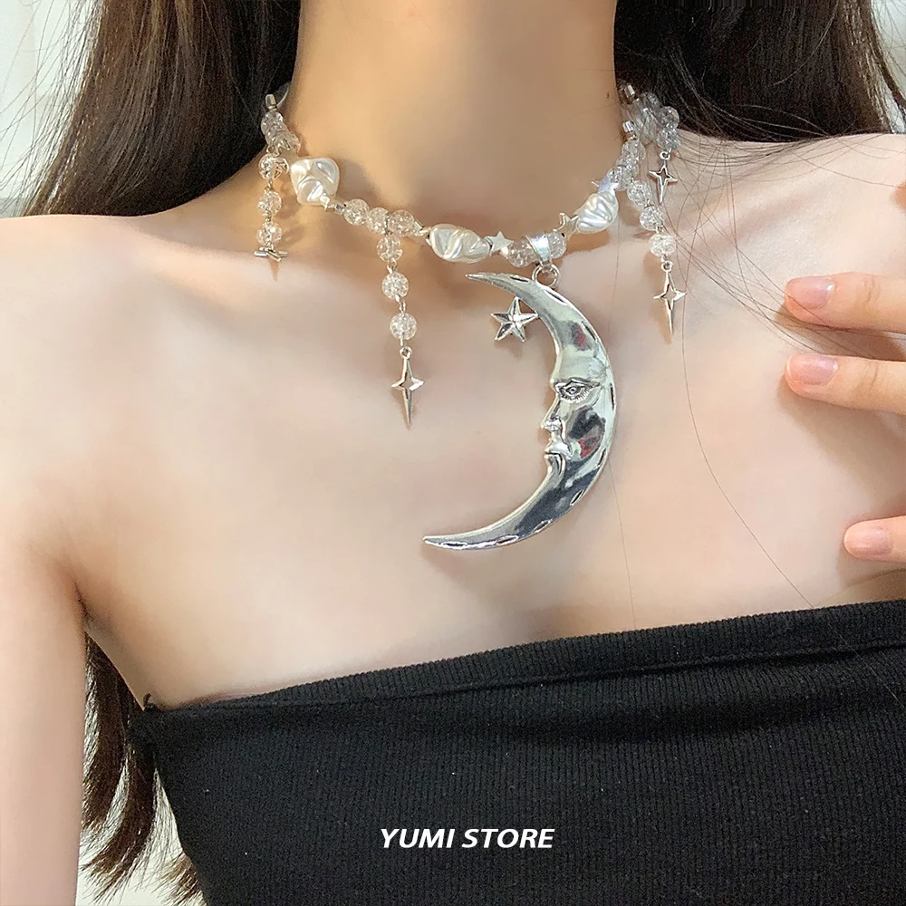 Y2K Moon Star Pendant Necklace For Woman Trend Imitation Pearl Clavicle Chain Luxury Choker Jewelry Accessories Wholesale