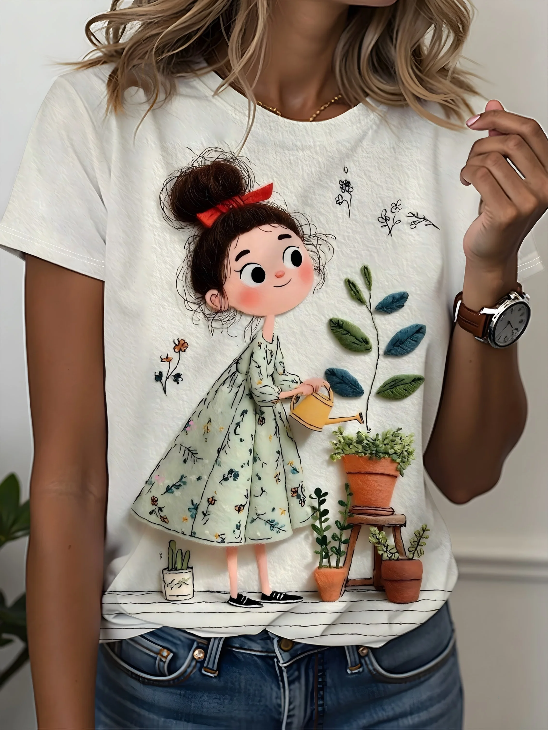 Women T‑shirt Short Sleeve Cute Country Style Doll Girl Character Graphic Print O‑neck Casual Daily Summer Fashion Tee Top