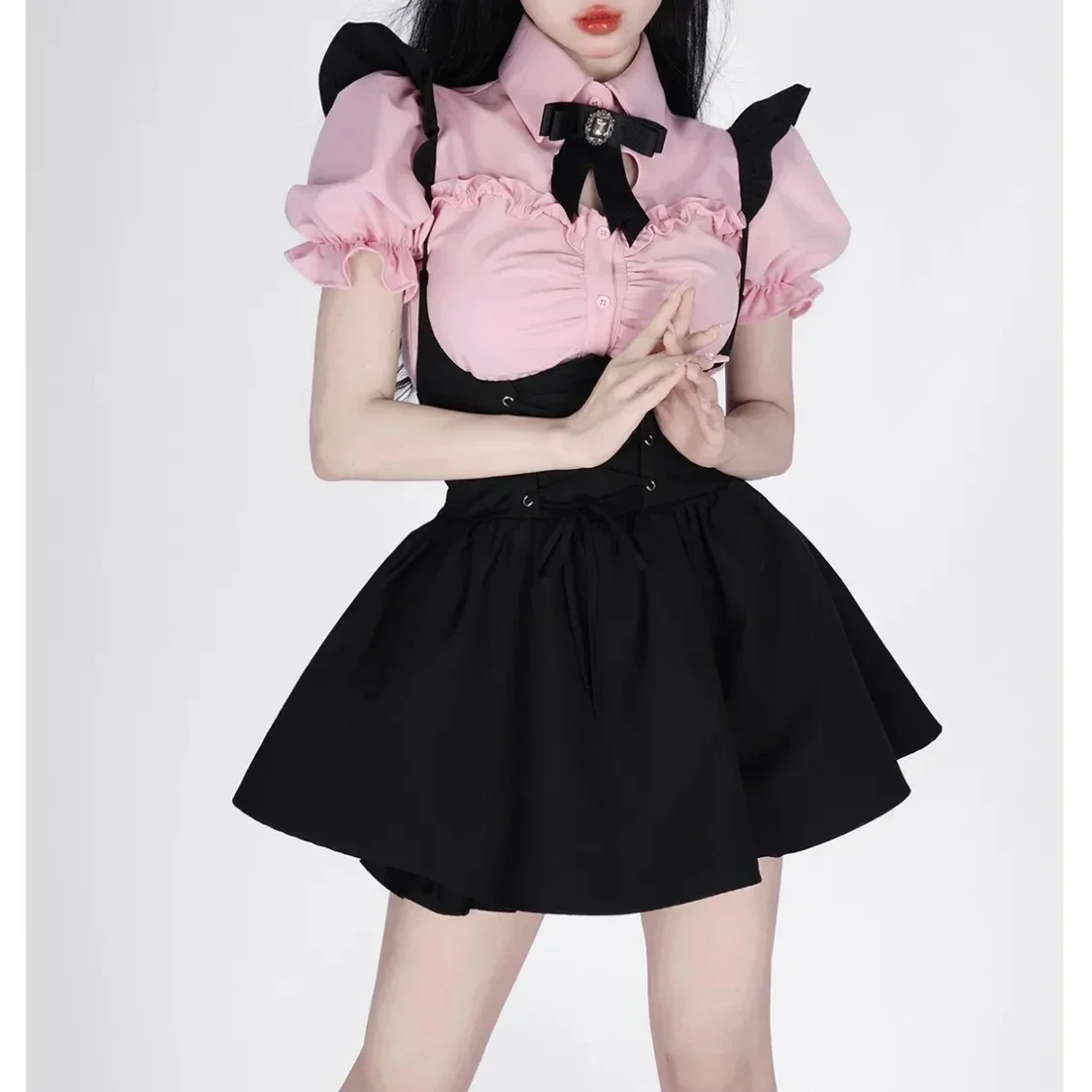 Japanese Strap Skirt Set Lovely Fly Sleeved Shirt with Bow Tie Bandage Black Mini Skirts 2 Piece Sets Babes Kawaii Y2k Outifits