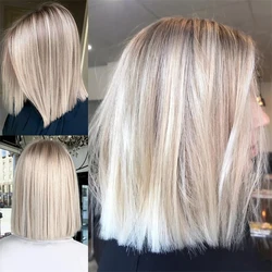 High quality Synthetic Wigs Icy Blonde Ash Brown Highlights Lace Front Wig Short Bob White Colored 13x4 Lace Frontal Wig TopSale