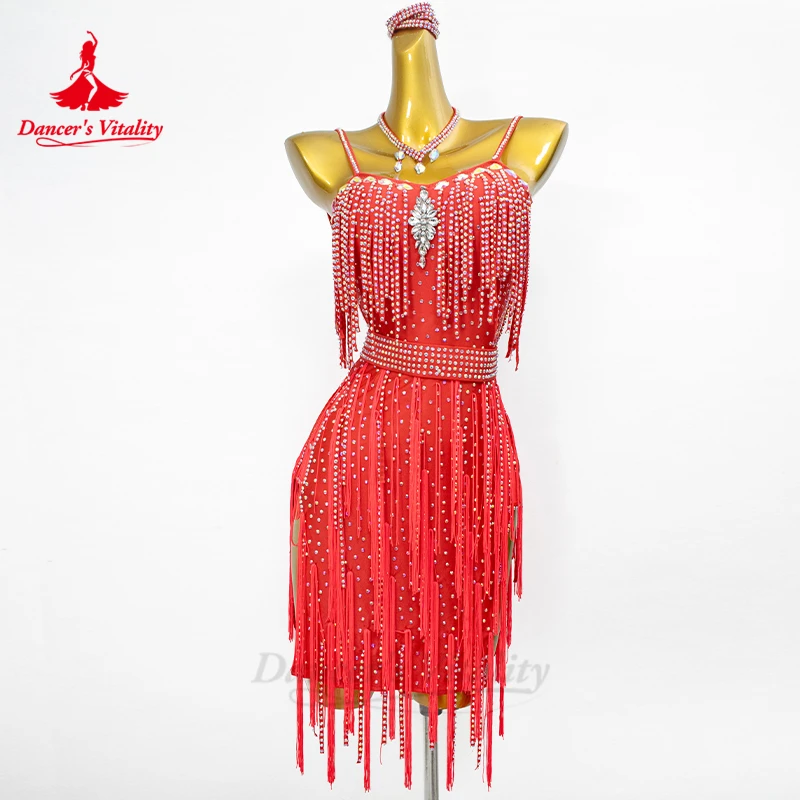 Costumes de performance de danse latine pour femmes, robe à franges entièrement en diamant, robes personnalisées pour enfants, luxe haut de gamme