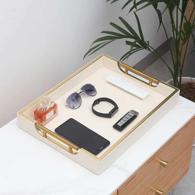 PU Leather Storage Tray with Handle Cosmetic Organizer Desktop Key Sundries Plate Remote Control Phone Storage Box Home Decor