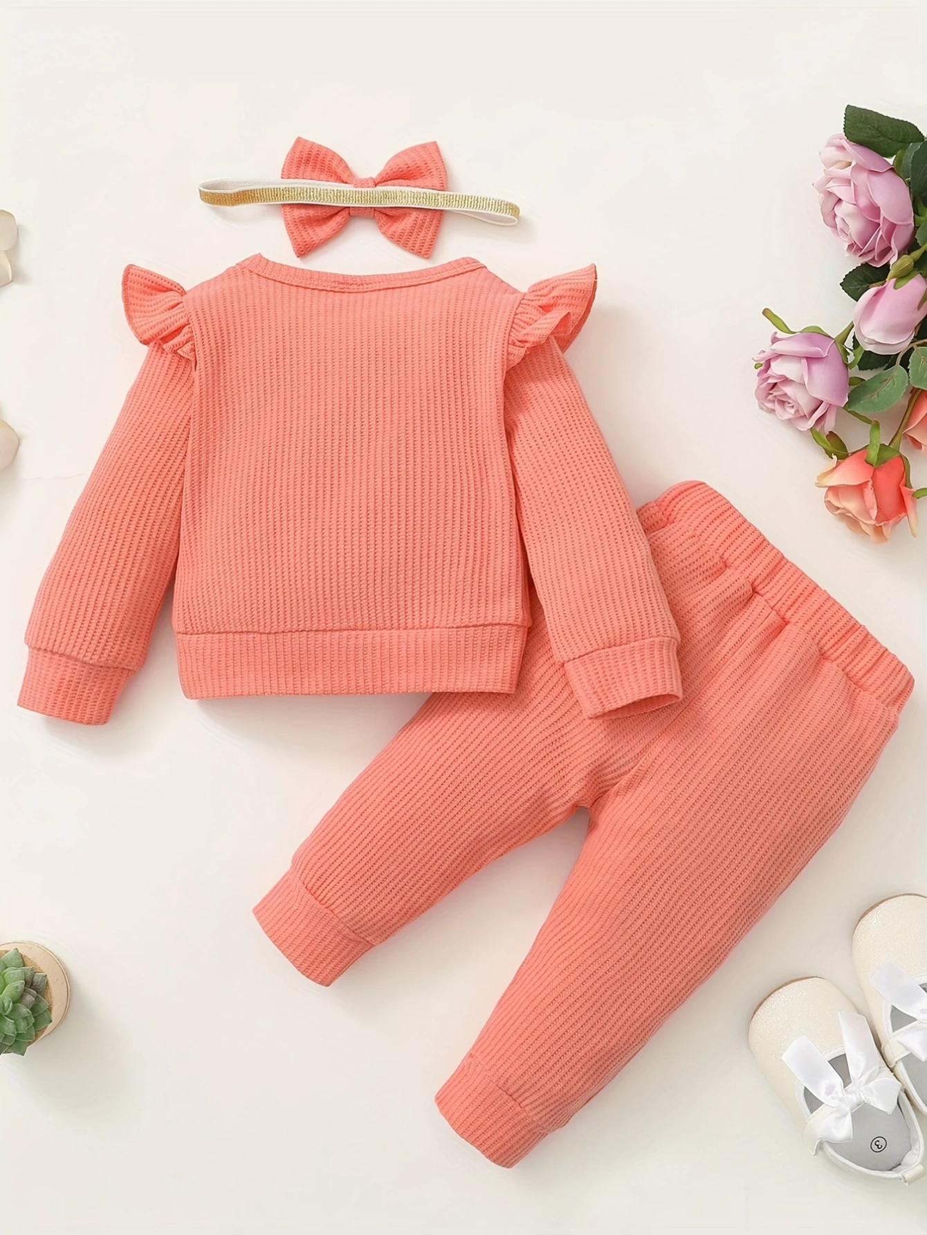 3pcs Baby Girl Clothes Newborn Outfit Toddler Infant Pullover Ruffle Sleeve Sweatshirt Tops Pants Headband set For Winter Fall