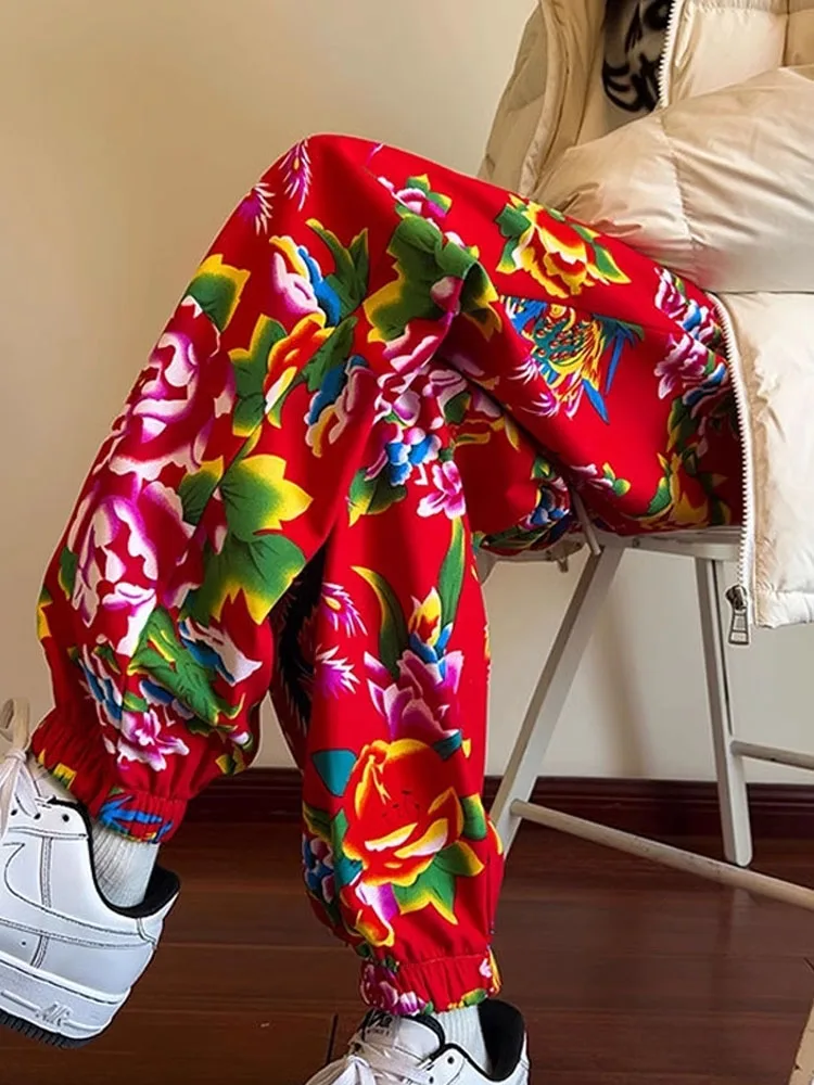 

Мужские зимние утепленные хлопковые брюки с цветочным принтом в стиле Норд-Ист, свободного кроя, повседневные, длинные, с защитой от холода