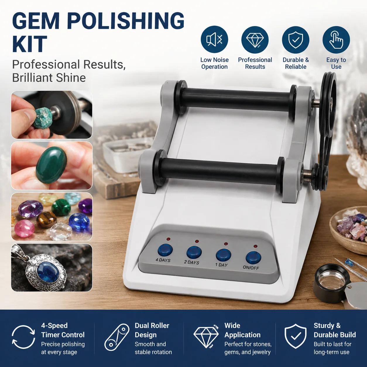 EU-Stecker AC100-240V Steinpolierer Steinpoliermaschine für Kinder und Erwachsene 1/2/4-Tage-Timer DIY Poliermaschinen-Set Tischgerät aus ABS-Gummi für Edelstein-Schmuckherstellung Hobby-Basteln