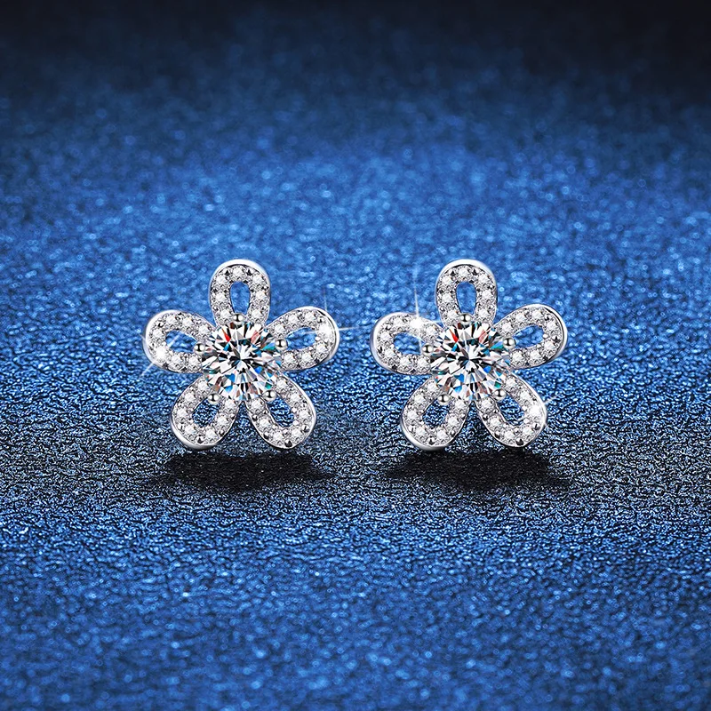 Platinum PT950 18K Gold Earrings Women's Light Luxury Korean Version Sunflower Moissanite Earrings D Color 1 Carat Moissanite