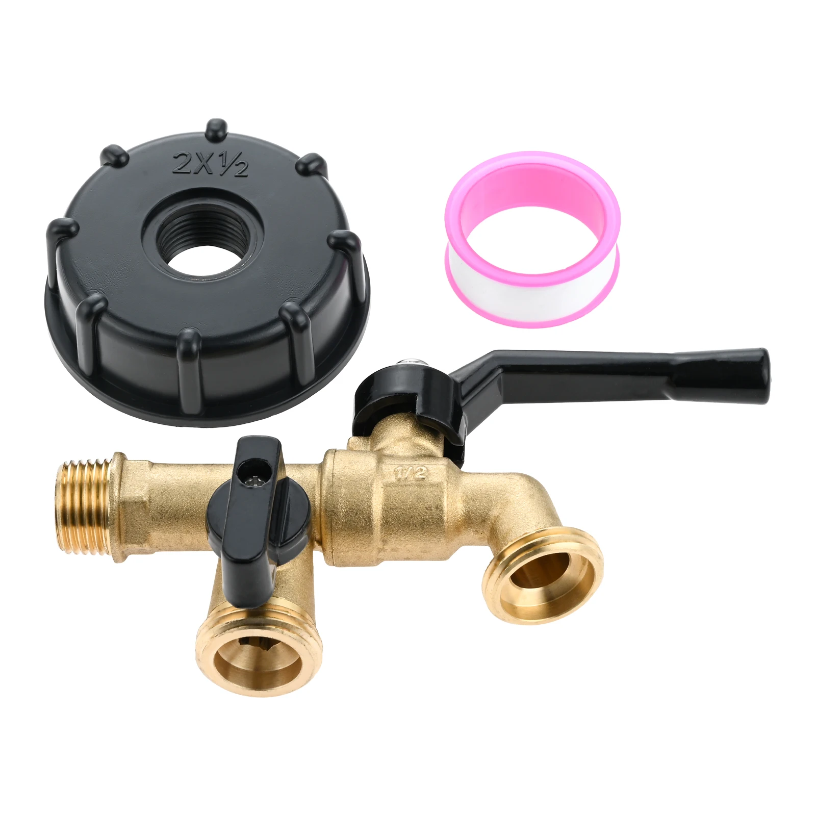 

275-330 Gallon IBC Tote Fittings Water Tank Adapter, 2 in 1 Double Faucets 2.36" Coarse Thread Brass Garden Hose Connector Parts