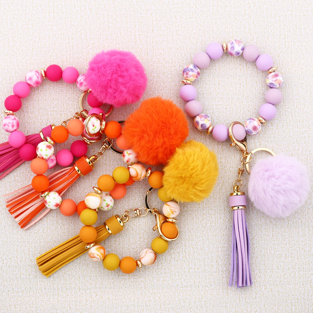 Silicone Beads Elastic Bangle Bracelet Keychain Women\'s bracelet gift  Hairball Silicone Beads Bracelet Wristlet Keychain
