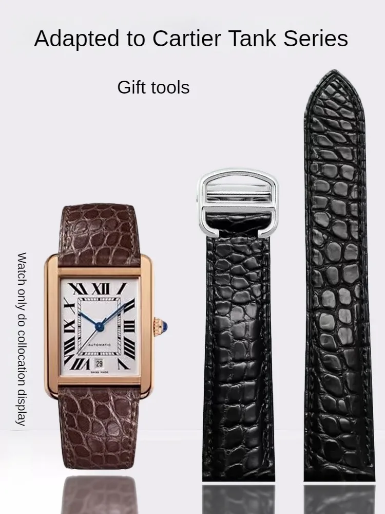 American Crocodile Leather Watch Strap Compatible with C-a-r-t-i-e-r Tank SOLO London Men\'s and Women\'s Folding Buckle