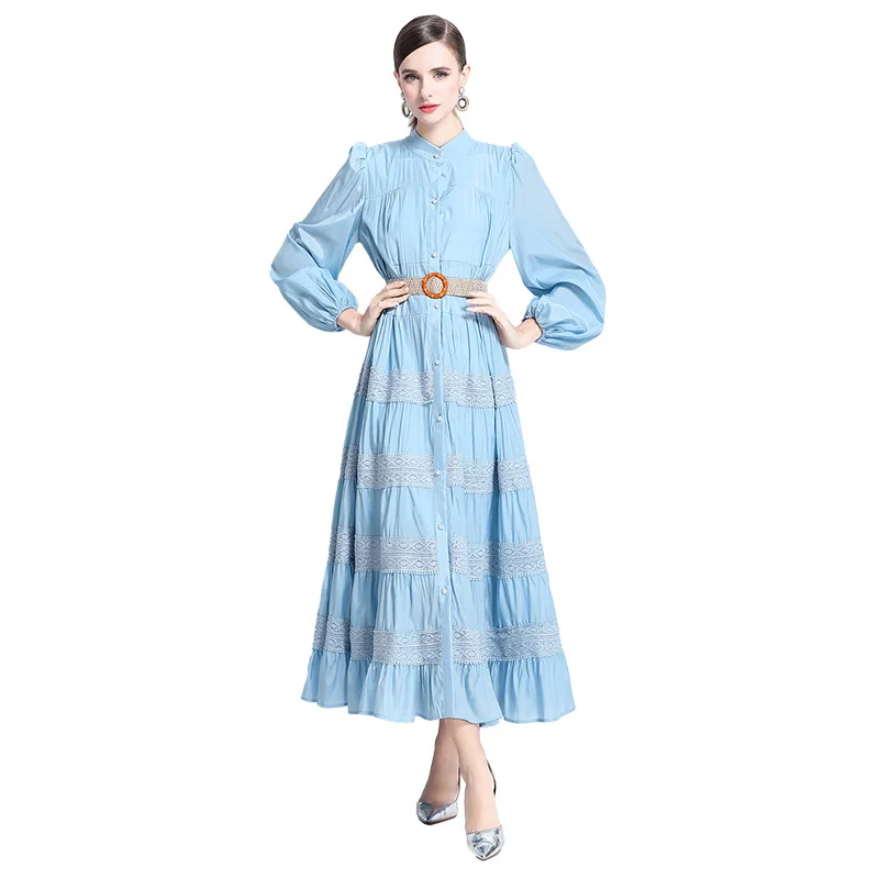 Elegant Women Dress Shirt Summer Autumn Belt Long Sleeve Pleated Embroidery Lace Striped Maxi Dress Evening Party Vestidos