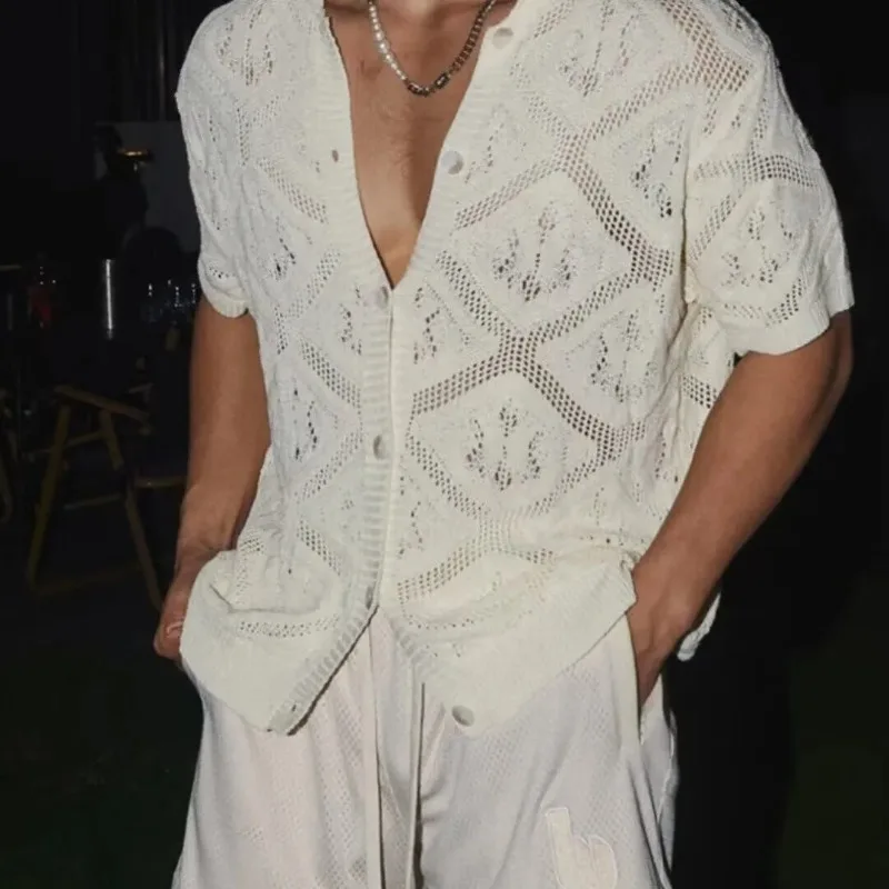 

Летняя мужская бежевая вязаная рубашка с коротким рукавом, V-образным вырезом, на пуговицах, повседневная, ажурная, пляжная