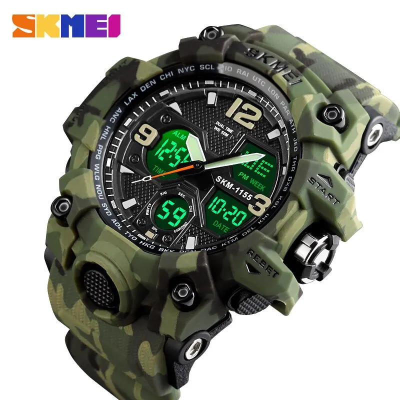 Skmei Fashion Back Light Esportes Relógios Mens 5bar impermeável 2 Time Chrono Digital Relógios de pulso Masculino Reloj Hombre