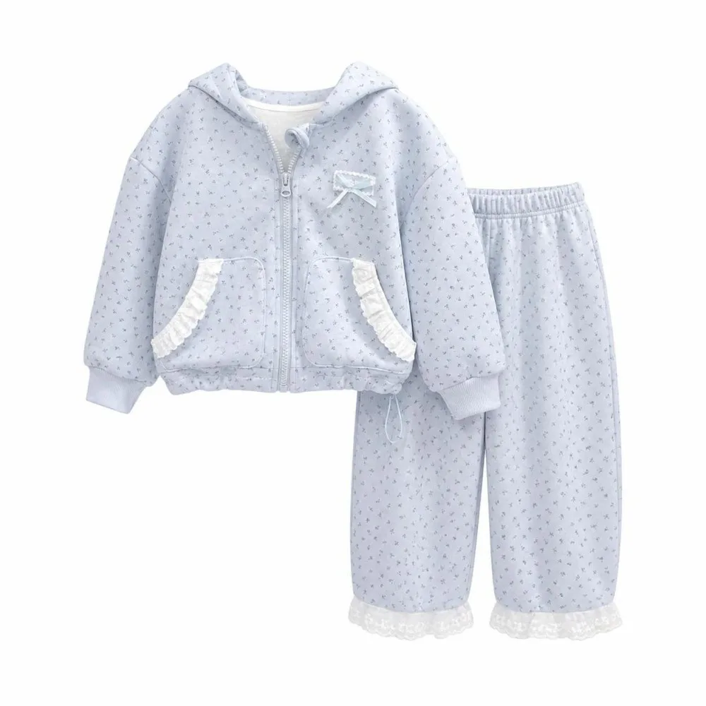 Fashion Casual Jackets Pants Set Floral Print Warm Zipper Coat Long-sleeved Hooded Clothing Girl