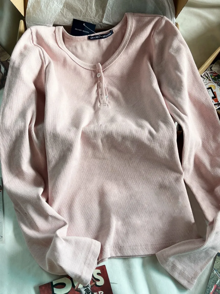 

Pink Three Buttons Ribbed Long Sleeve T-shirts Women Soft O-Neck Vintage Top Female Sweet Cute Preppy Style Y2k Streetwear Tees