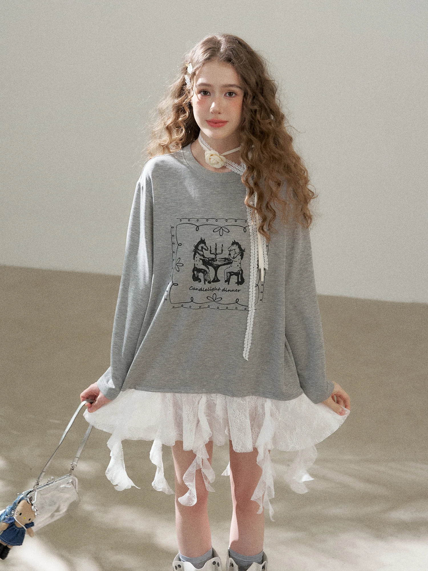 

Sweet Street Style Hand-Painted Lace T-Shirt Women's Loose Fit Long Sleeve round Neck Polyester Spandex Blend