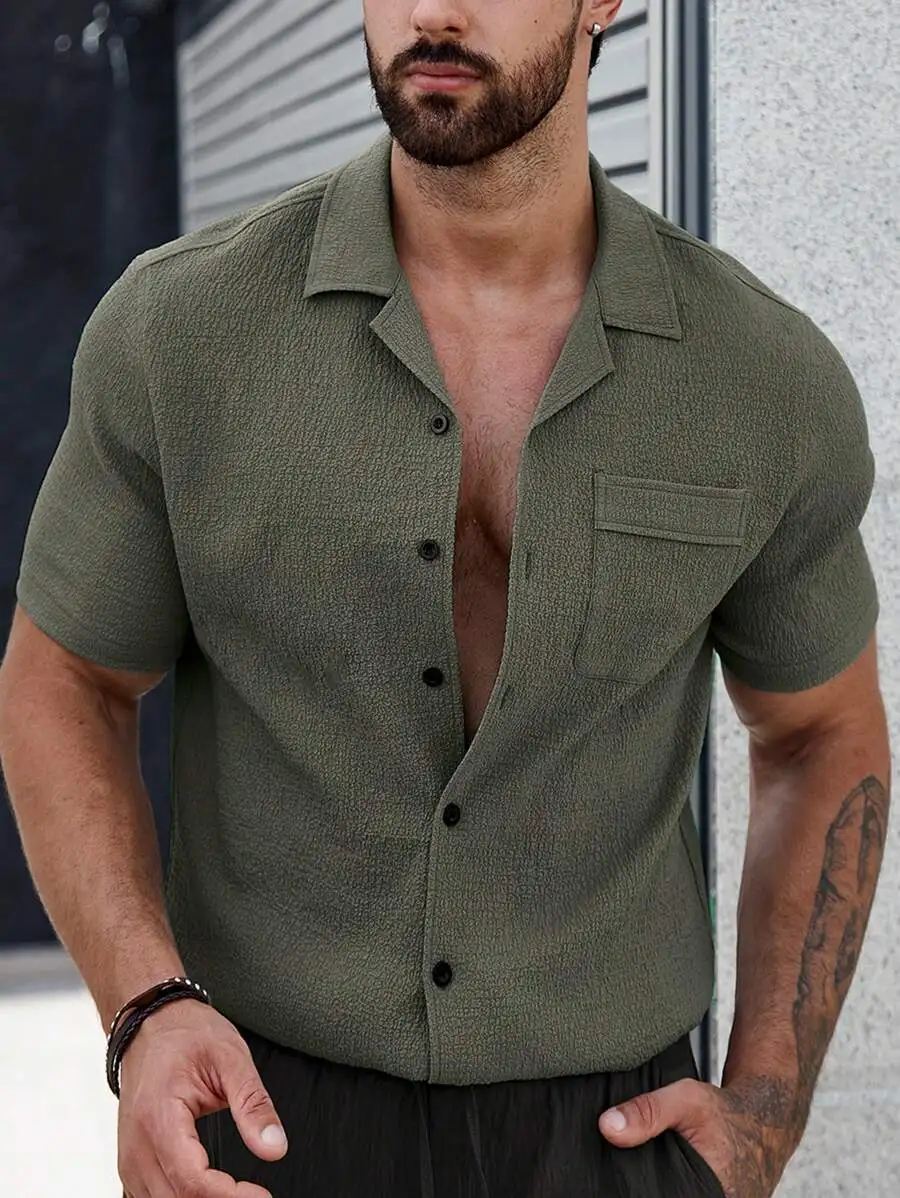 

Men's Olive Green Textured Short Sleeve Button-Up Shirt with Chest Pocket