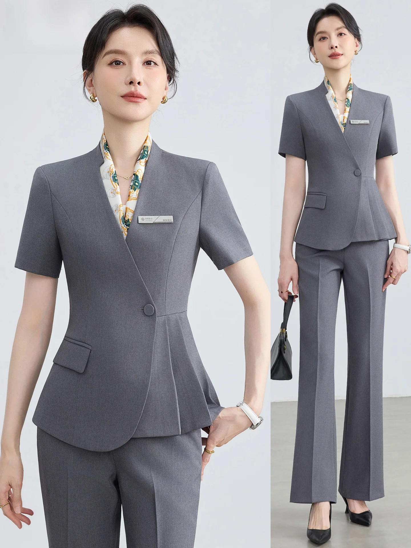Gray Suit Set Women's Summer Thin Short Sleeve Professional Front Desk Work Uniform High End Hotel Manager Jewelry Store Uniform