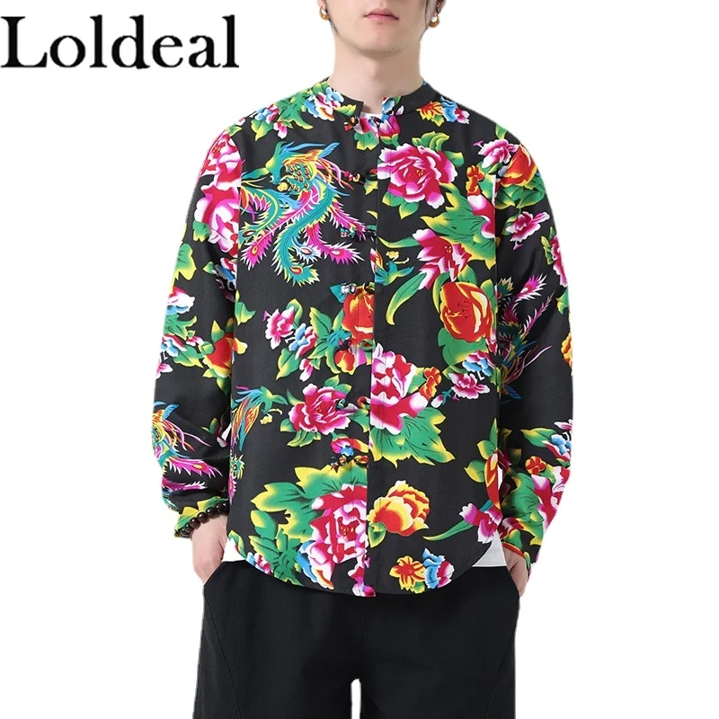 Loldeal Large Flower Plate Button Long-sleeved Shirt Han Attire