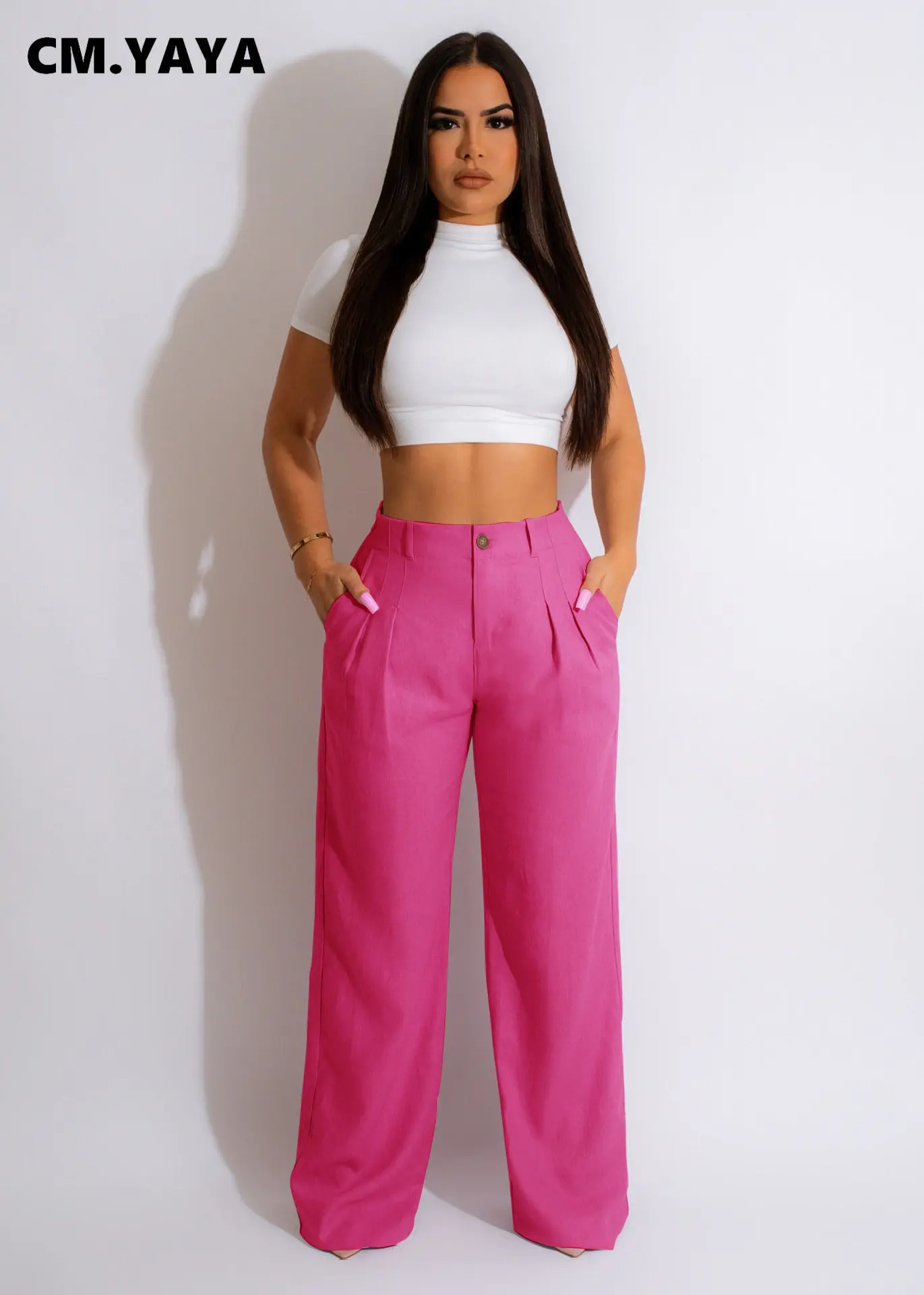 CM.YAYA Fashion Women Straight Wide Leg Zipper Fly Draped High