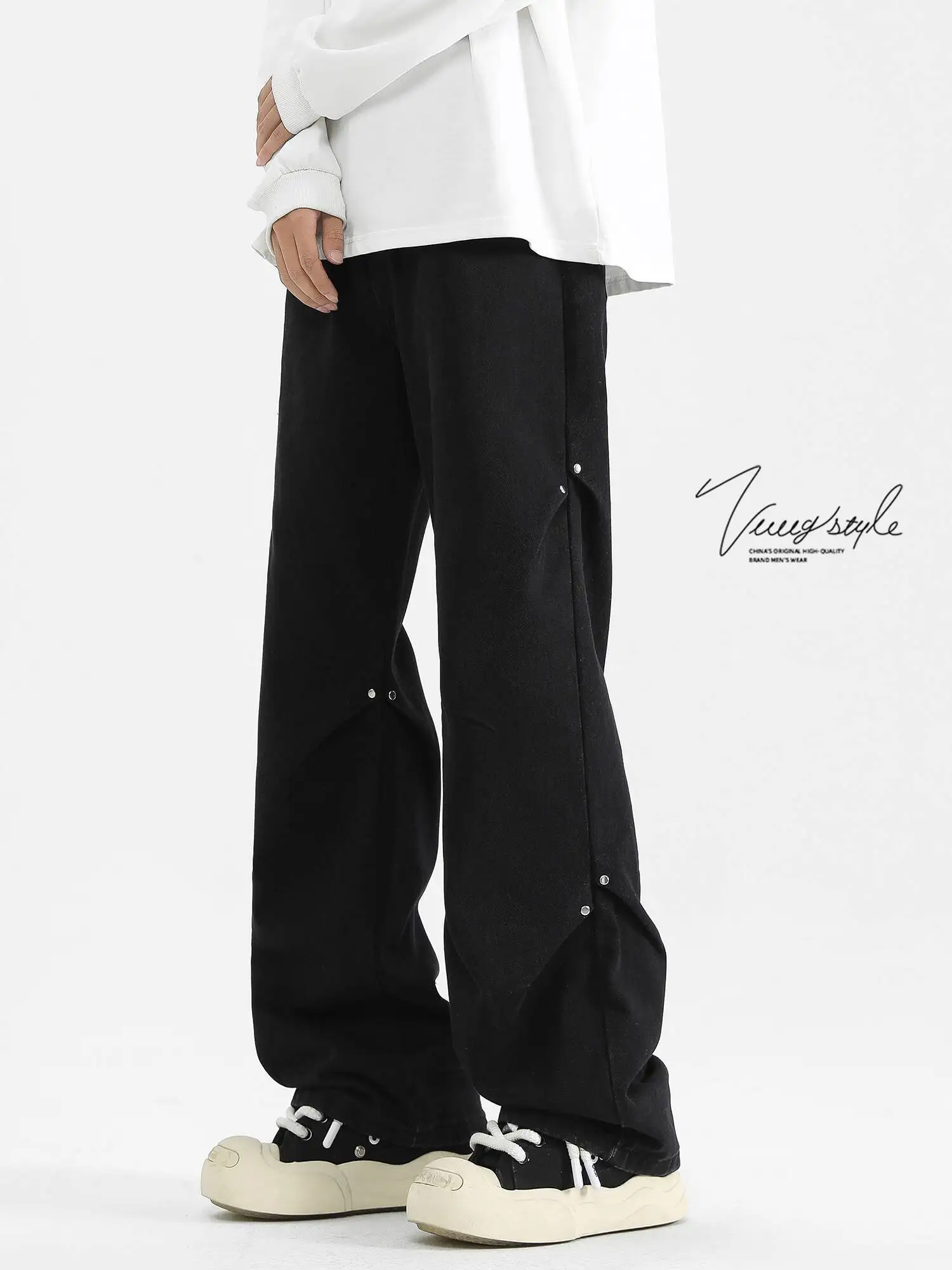 Men's Casual Jeans Spring Summer Autumn New Deconstructed Black Jeans Rivet Design Straight Leg Loose Wide Leg Pants