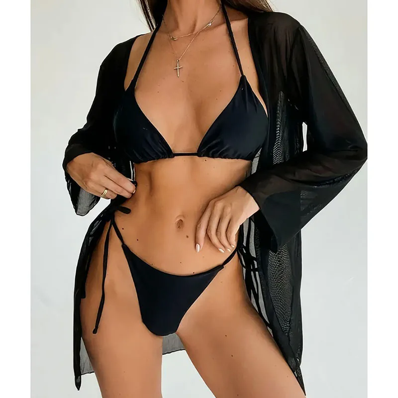 

Sexy Bikini Push Up Women Swimsuit Split Triangle Lace Up Micro Bikini Mesh Cover Up Beach Vacation Three Pieces Bikini Set 2025