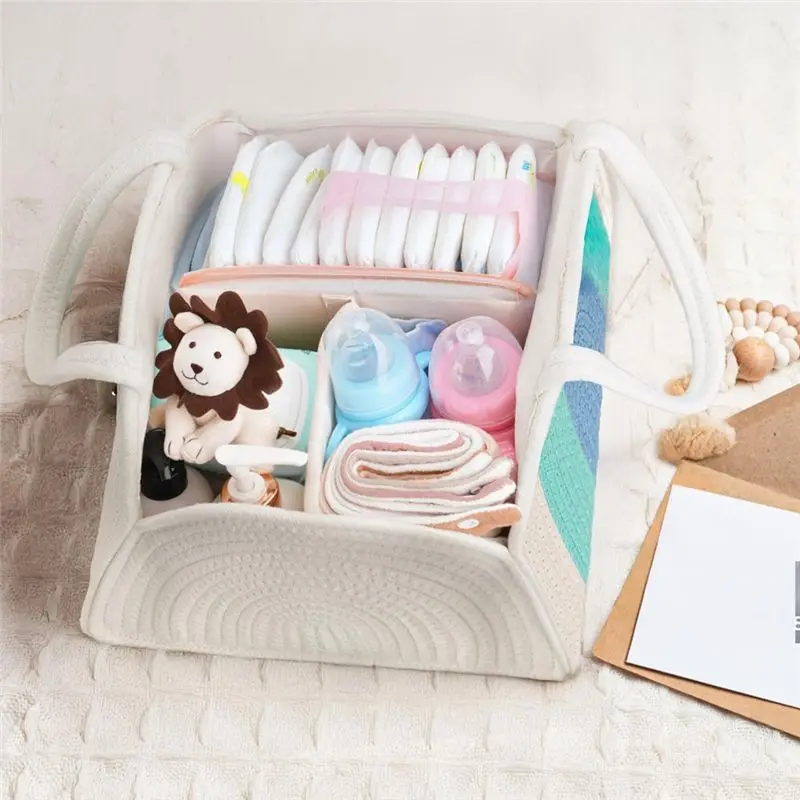 Y51A Baby Diaper Organizer Caddy, Cotton Rope Portable Basket for Diapers and Wipes, Newborn for Essentials Storage for