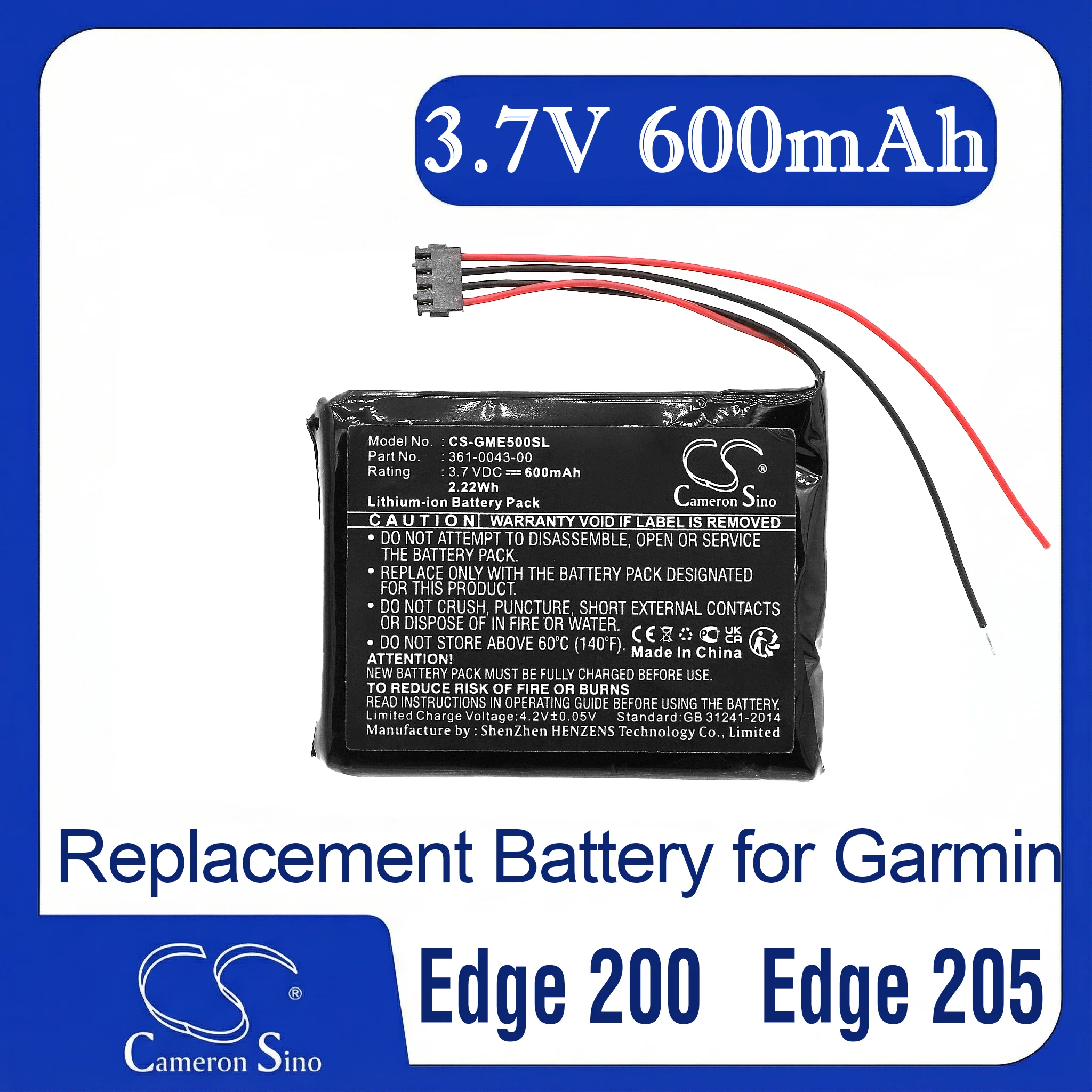 

Cameron Sino Replacement Battery for Garmin 010-01626-02, 4RL58983, Edge 200, Edge 205,, Fits P/N 361-00043-00,361-00043-01,361