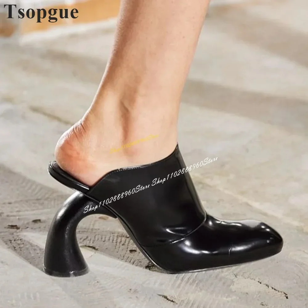 

Catwalk Black Leather Half Slippers Strange Style Heel Shoes For Women Slip On Square Toe 2026 Fashionable Zapatos Para Mujere
