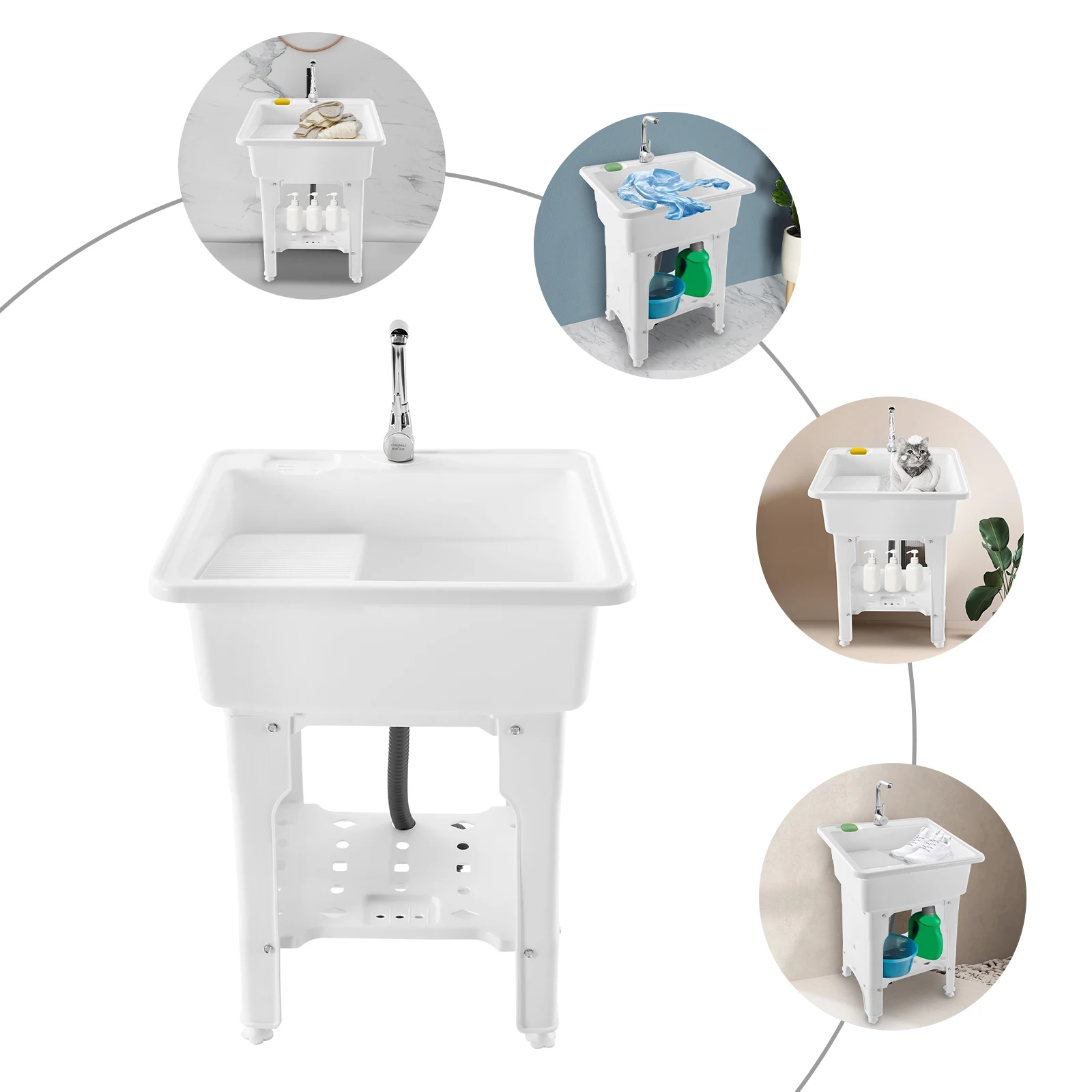 

Раковина Ванна для стирки Раковина Универсальная раковина Смеситель для стирки Стиральная доска Пластиковая отдельно стоящая стиральная комната Подвал Гараж, регулируемые ножки