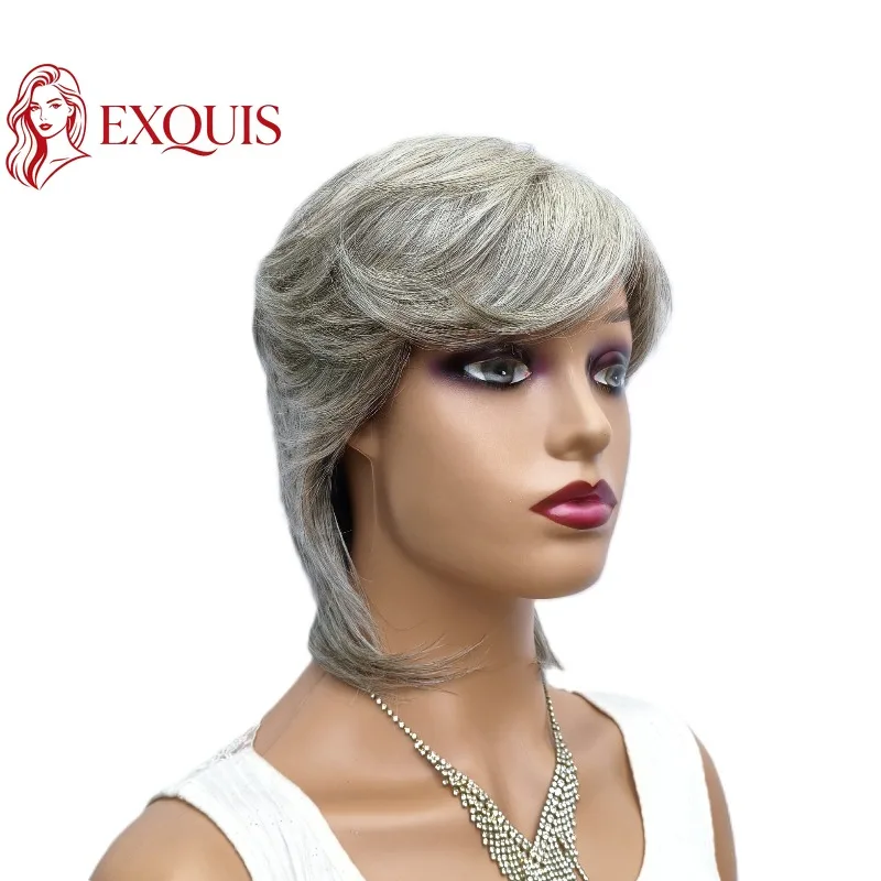 

8 Inch Full Machine Made Human Hair Wig Salt and Pepper Gray Short Pixie Glueless Wig with Bangs for Lady Women Daily Wear