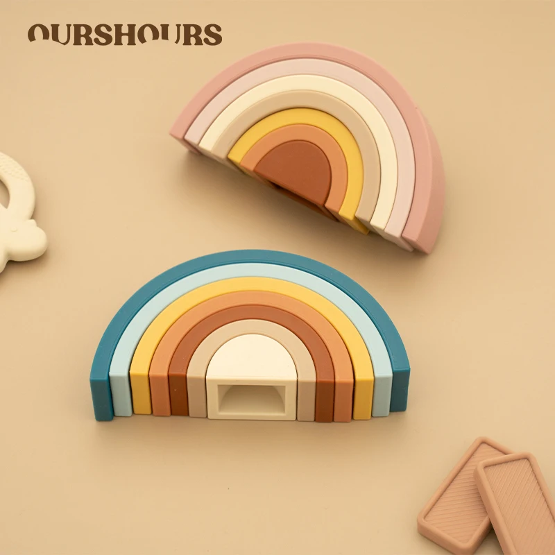 Baby Silicone Rainbow Stacker Nesting Puzzle Building Blocks Stacking Toys Learning Montessori Toys for Toddlers Gifts BPA-Free