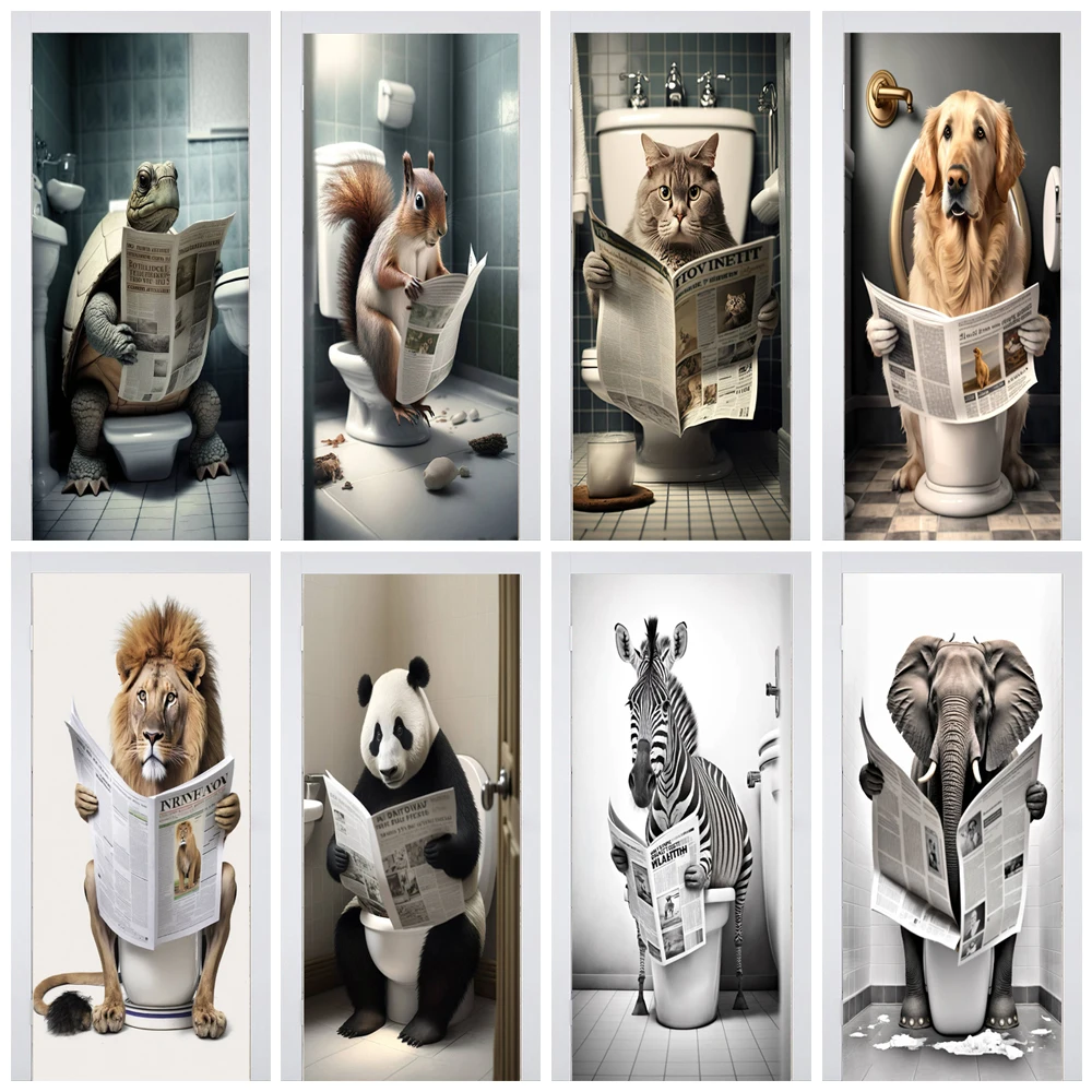 Creative 3D Realistic Animal Wallpaper, Porta do banheiro adesivo, Família Poster Decoração Quarto