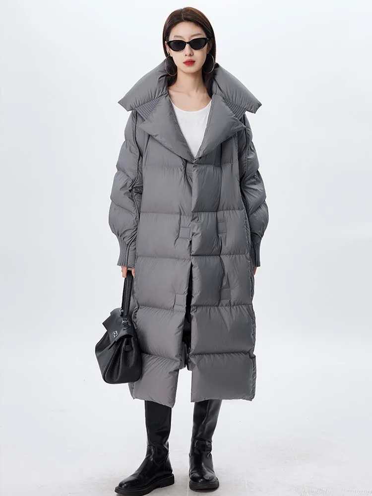 Luxury Women\'s Long goose down jacket 2024 Winter Warm Gray Notched collar puffer coat warm oversize Black white INKEO DJ019