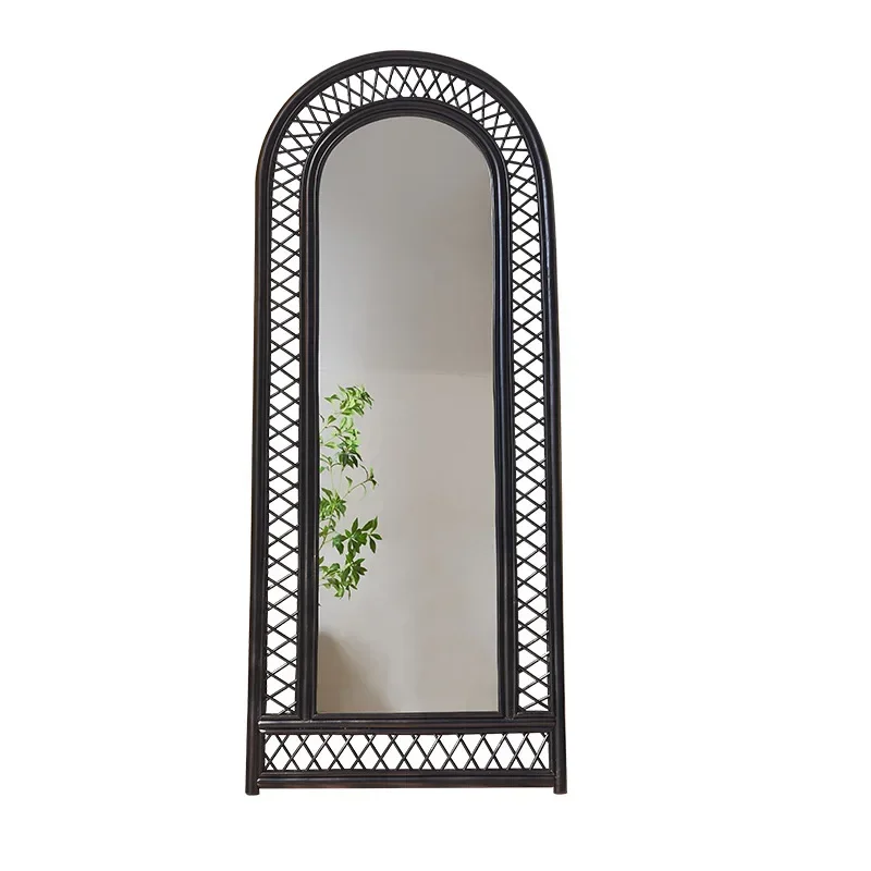 Nordic plant rattan full-length mirror retro clothing store black fitting mirror B & B hotel bedroom cloakroom mirror