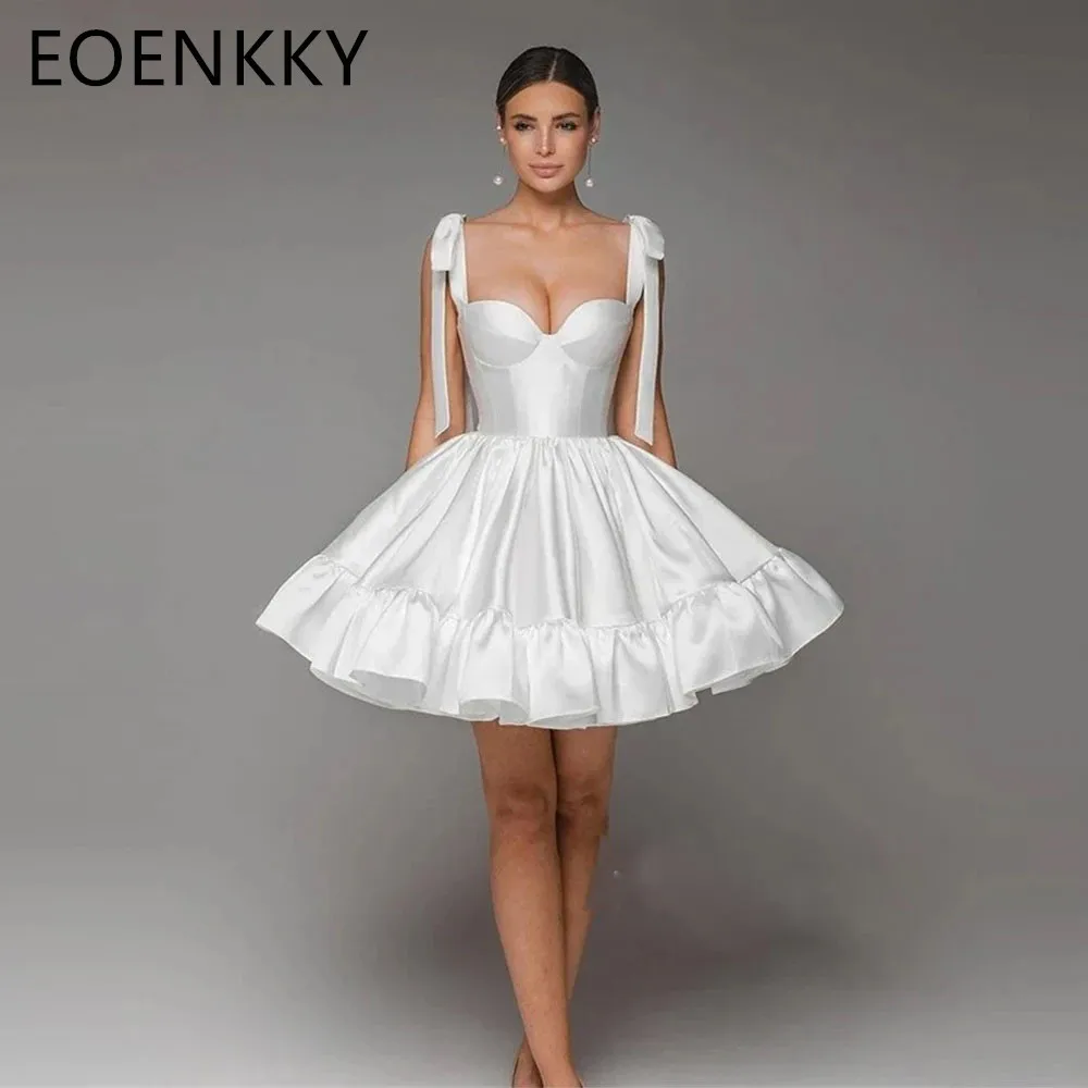 

EOENKKY Simple White Short Wedding Party Dress Sweet Strap Bow A-Line Satin Evening Dresses For Special Events Dresses gala