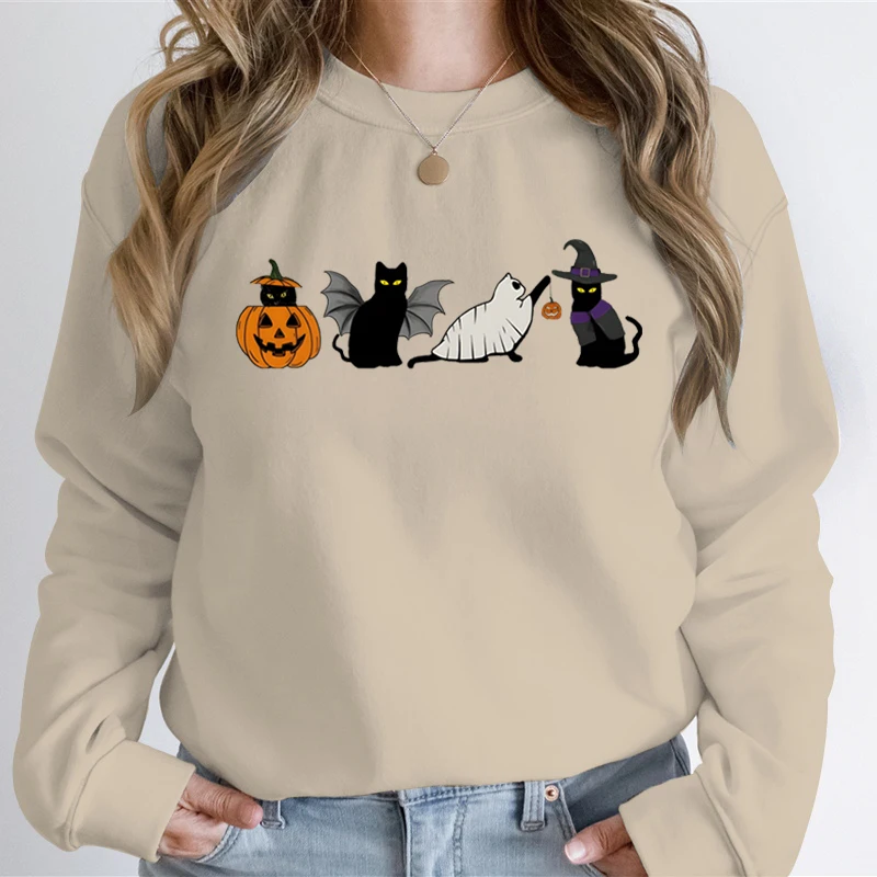 Autumn Women Sweatshirt Hoodie Halloween Ghost Cat Print Vintage Style Sweatshirts Ghost Cat Pumpkin Happy Halloween Sweatshirt