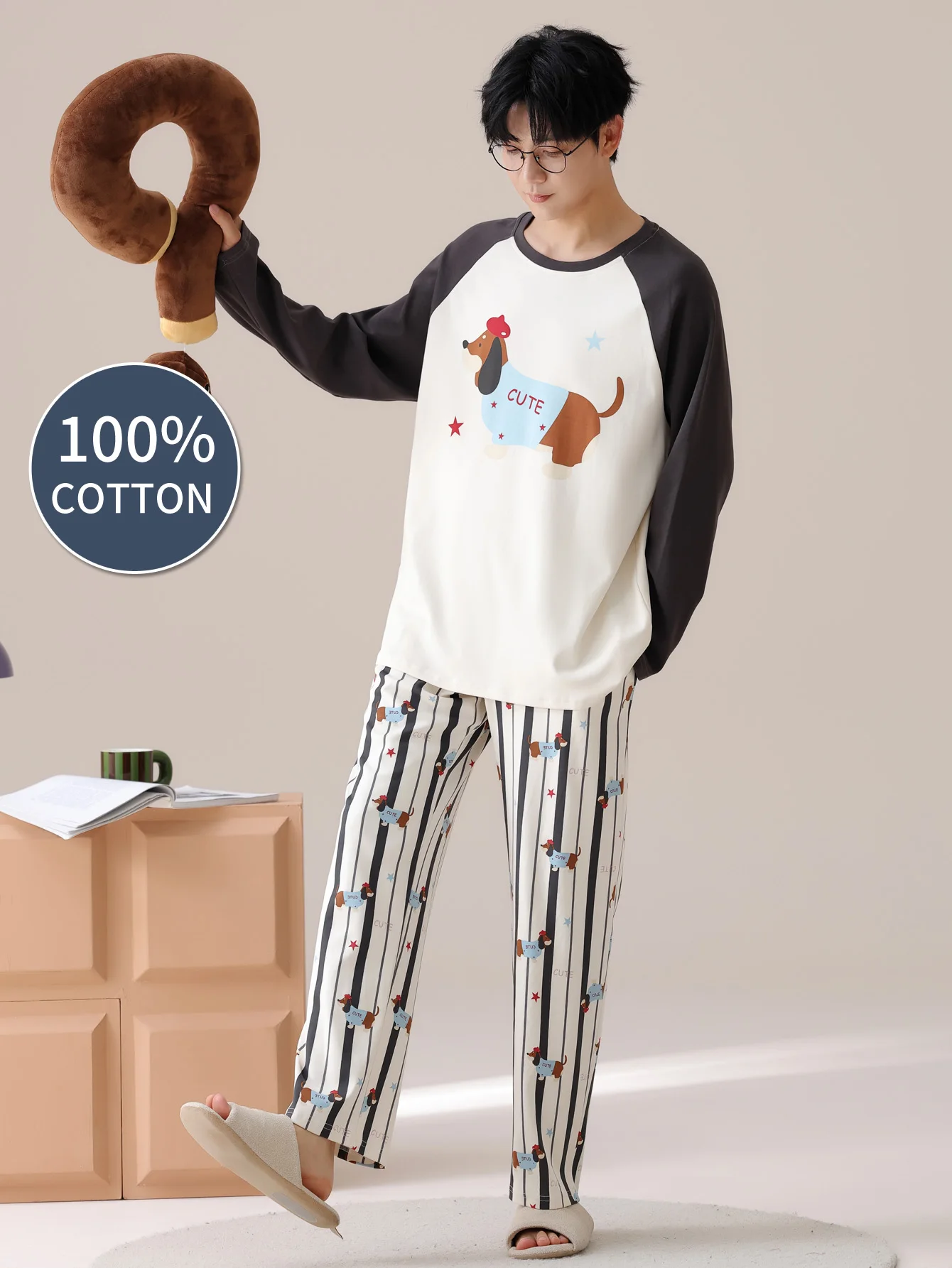 Men's 100% cotton long sleeved four season plus size men's sleepwear, teenage pure cotton home suit set for warmth