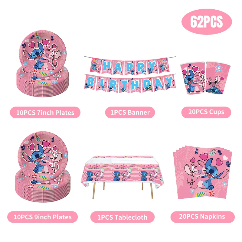 Disney Lilo And Stitch Birthday Decoration Pink Stitch Tableware Set Balloons Tablecloth Paper Cup Plate Backdrop Party Supplies