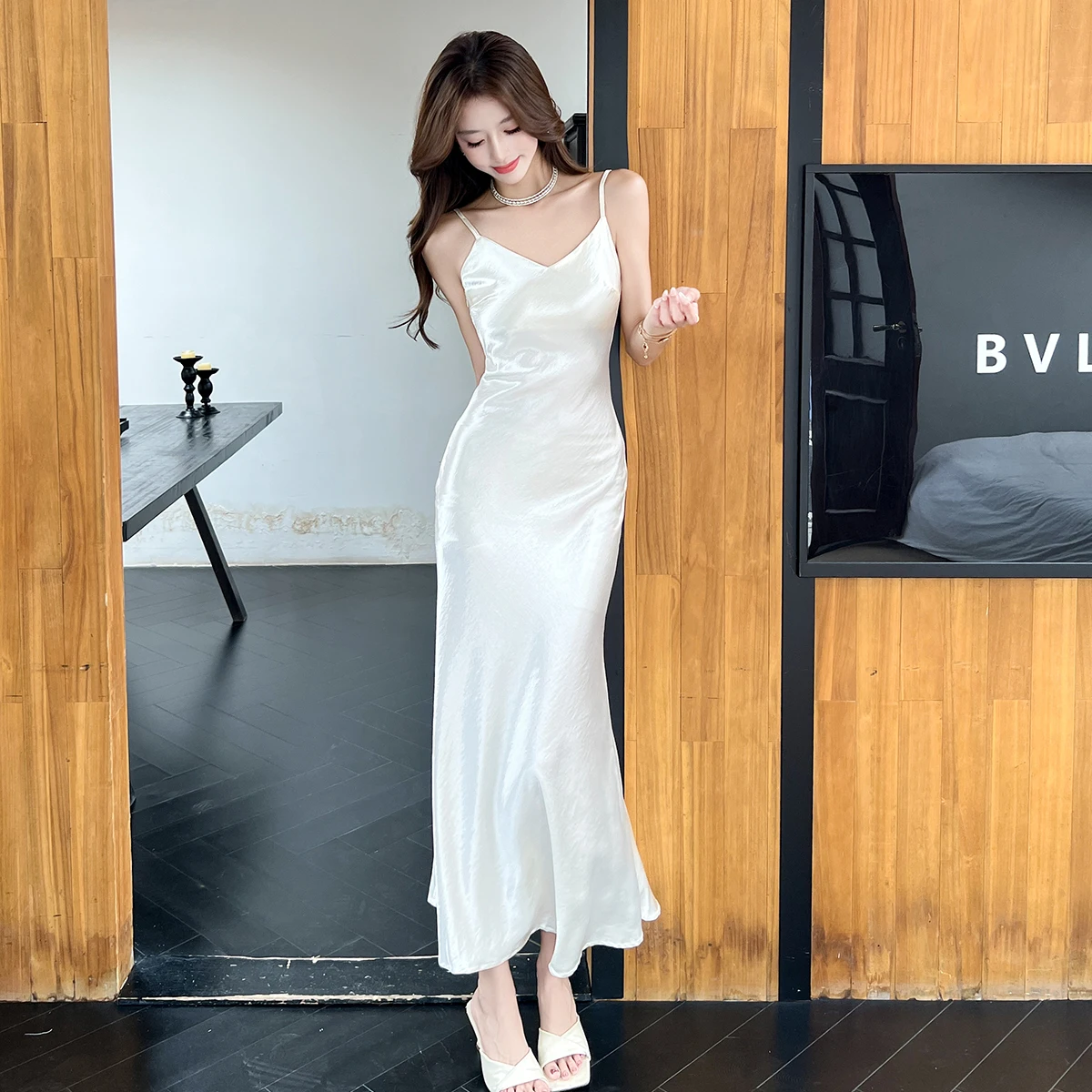 Robe longue en Satin pour femmes, Vintage, bretelles, Slim, queue de poisson, haut de gamme, robe de soirée, Club