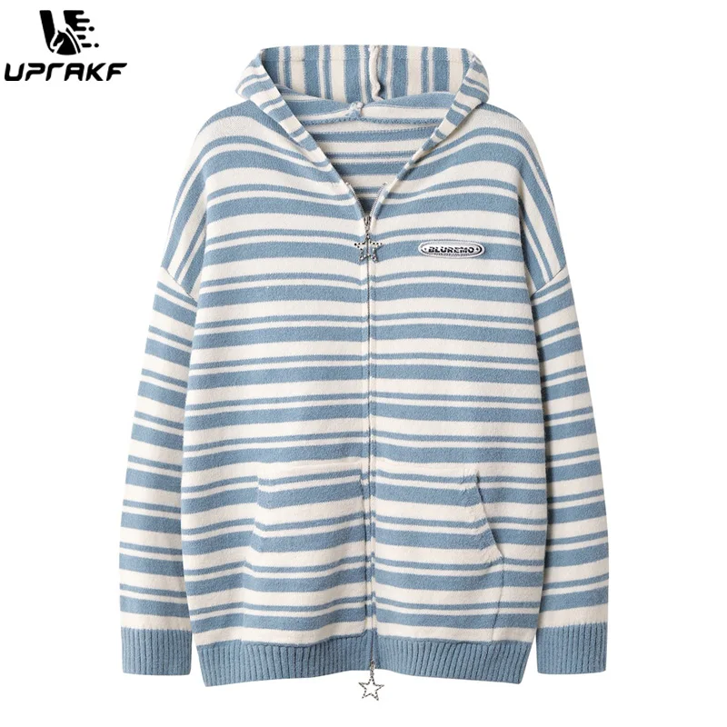 UPRAKF Double Zipper Striped Sweater Autumn Loose All-Match Winter Tops Warm Fashion Streetwear Trendy