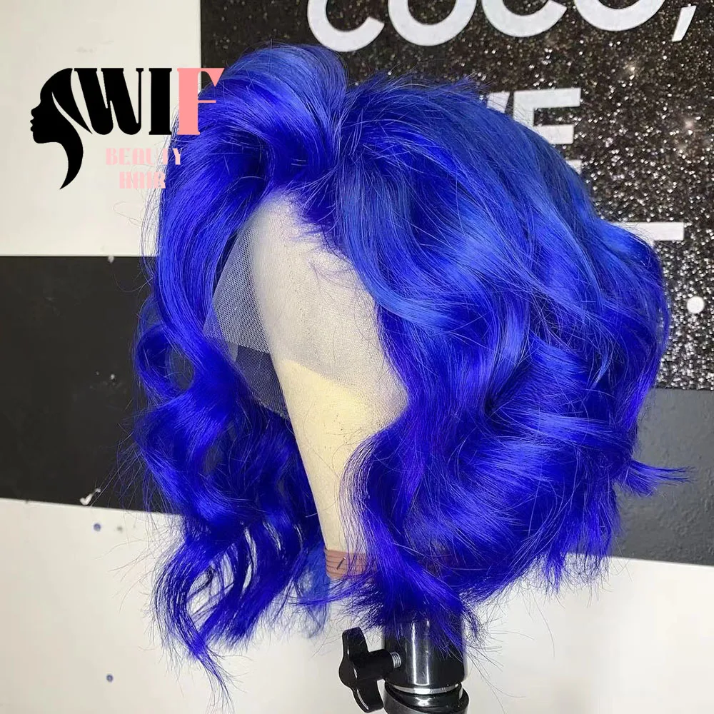 WIF Royal Blue Short Hair Wavy Bob Lace Front Wig Body Wave Short Bob Heat Fiber Blue Hair Synthetic Wigs 12Inch Women Daily Use