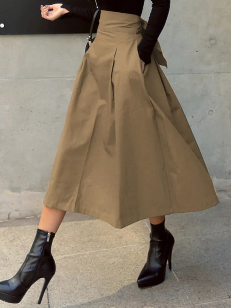 Retro Slimming Waist Half Skirt Women's Spring Autumn Super Popular  Knot Versatile A-Line Umbrella Long Skirt