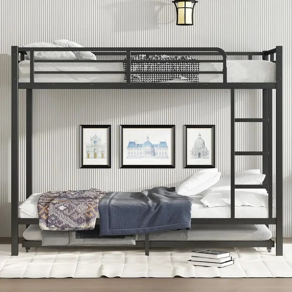Twin XL Bunk Bed with Trundle, Metal Frame, Ladder, and Guardrail - Ideal for Kids, Teens, and Space-Saving Living, Black view 3