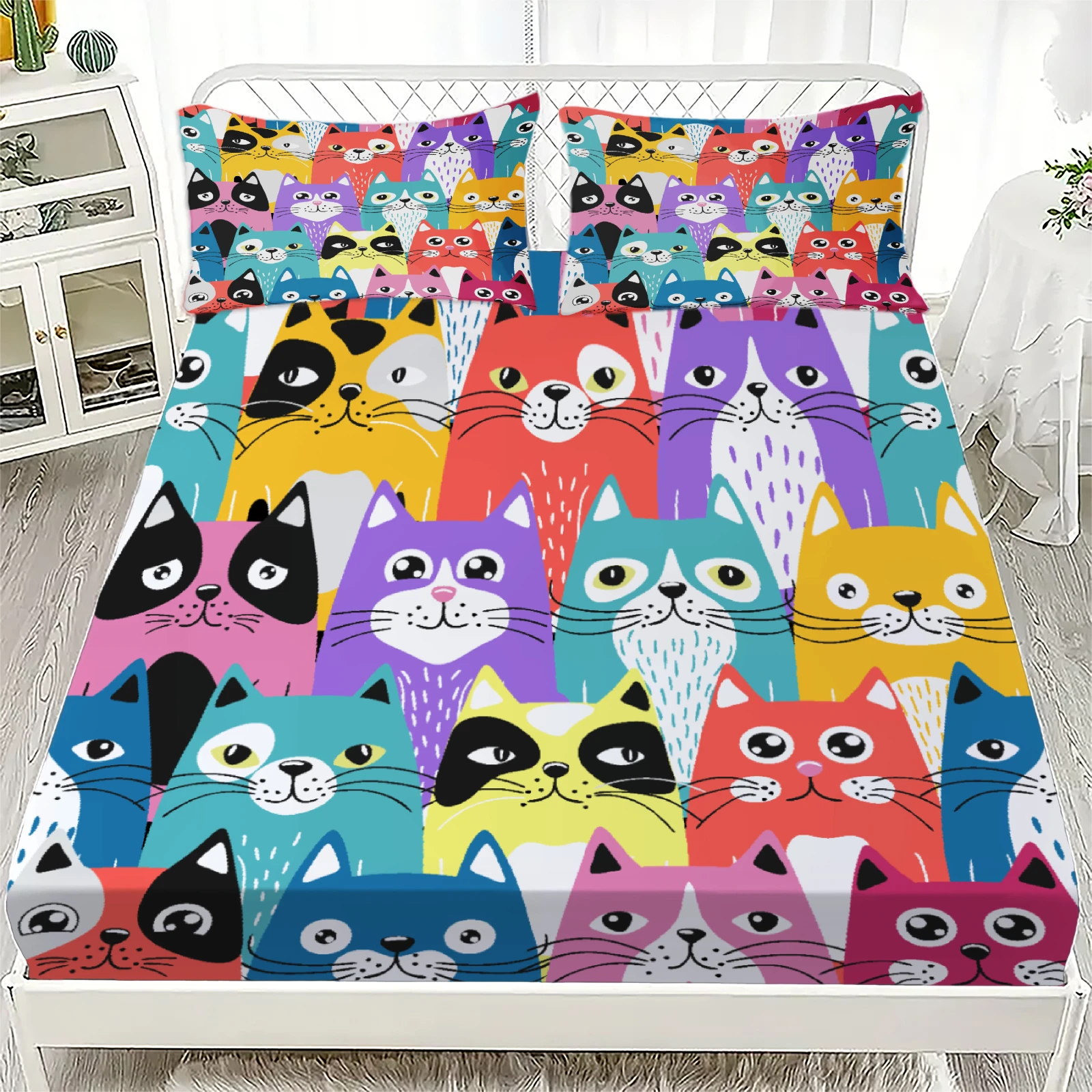 

3pcs Colorful Cats Fitted Sheet Cartoon Cat Pattern 3D Print Gifts For Students Girls 100% Polyester Flat Sheet With Pillowcases