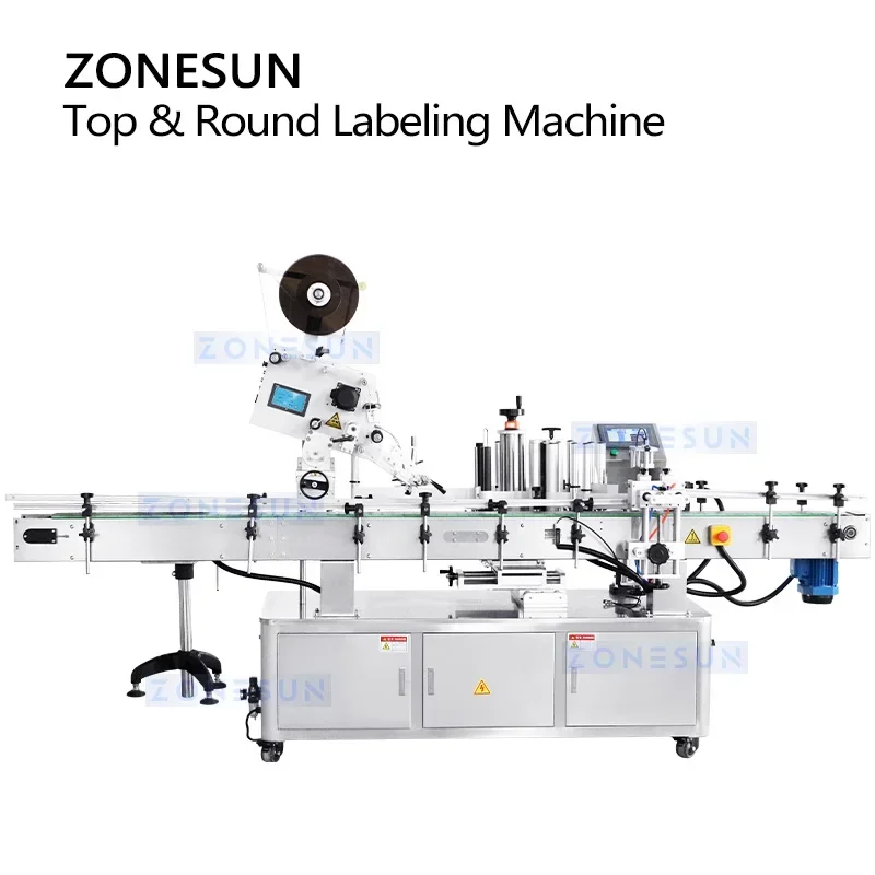 ZONESUN Automatic Labeling Machine Bottle Top and Body Label Applicator Wrap Around Cosmetics Products Packing ZS-TB822P
